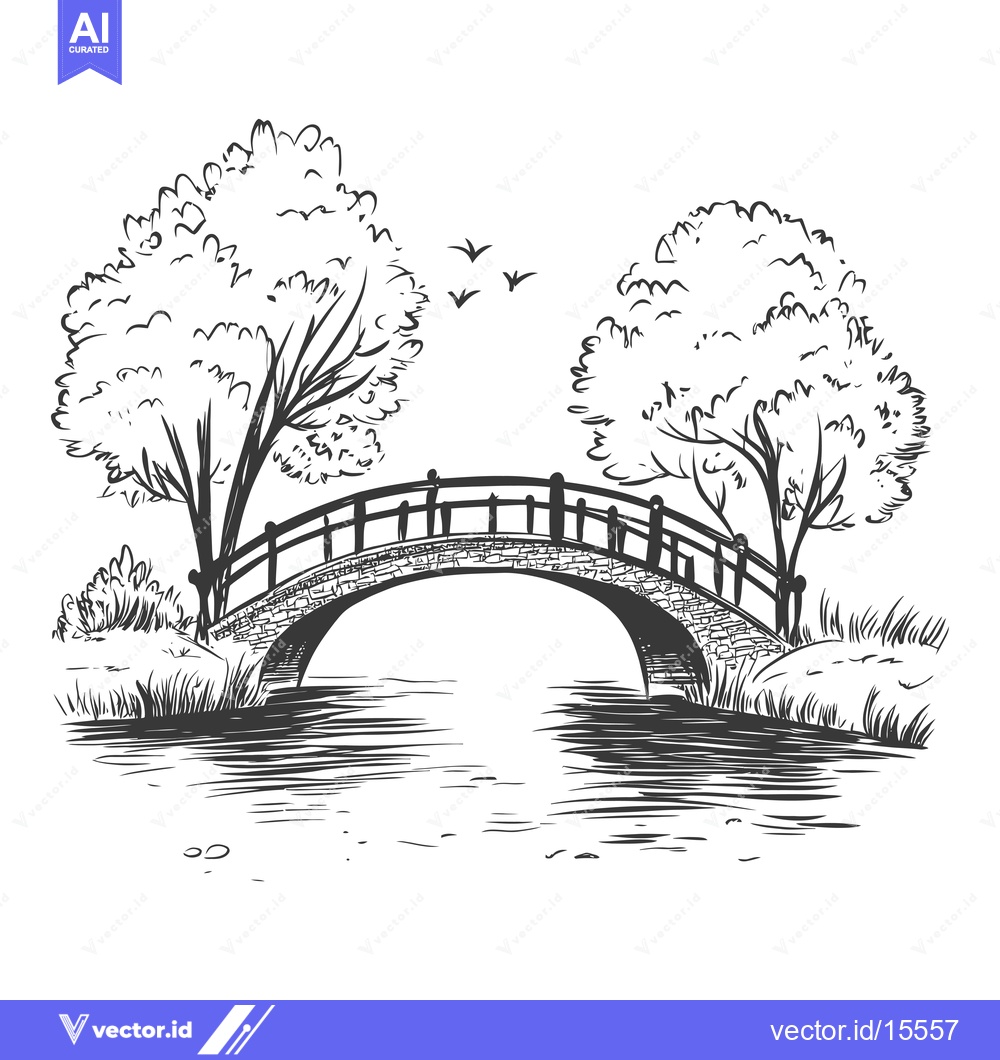 Premium Vector of A Hand-Drawn Sketch of a Stone Bridge Over a River, Flanked by Lush Tr