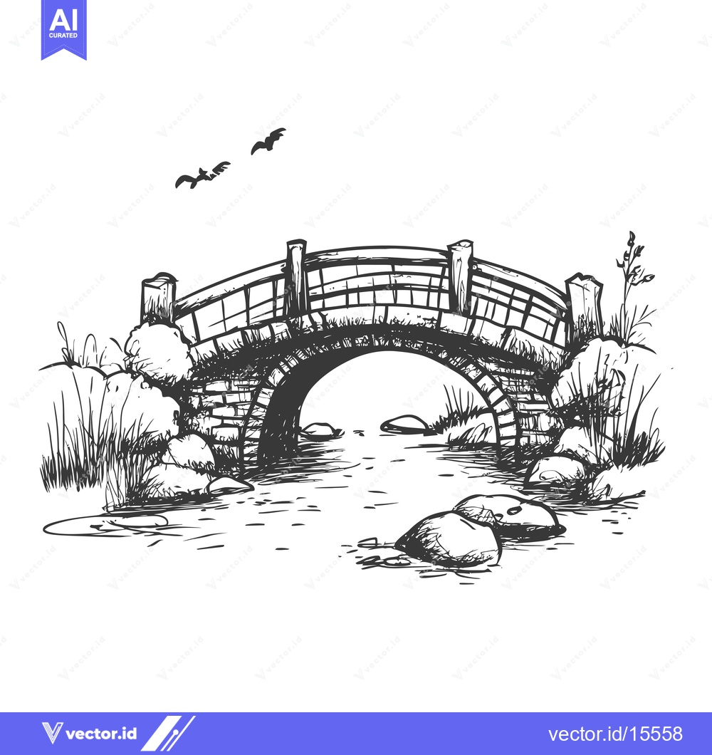 Premium Vector of A Hand-Drawn Sketch of a Stone Bridge Over a Stream