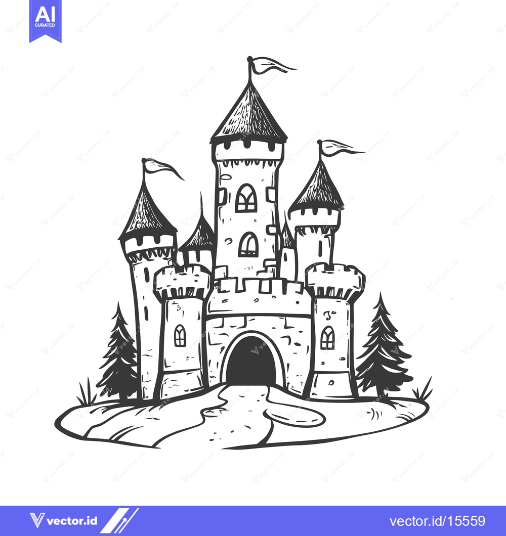 Premium Vector dari A Hand-Drawn Sketch of a Stone Castle with Three Towers and a Drawbrid