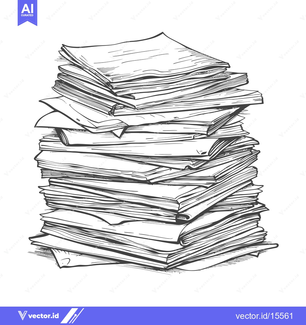 Premium Vector dari A Hand-Drawn Sketch of a Tall Stack of Papers and Books