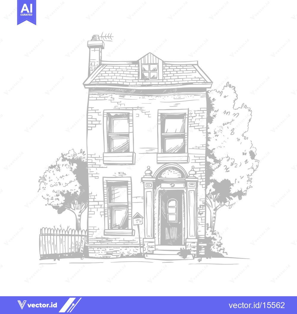 Premium Vector dari A Hand-Drawn Sketch of a Two-Story Brick House with a Front Yard