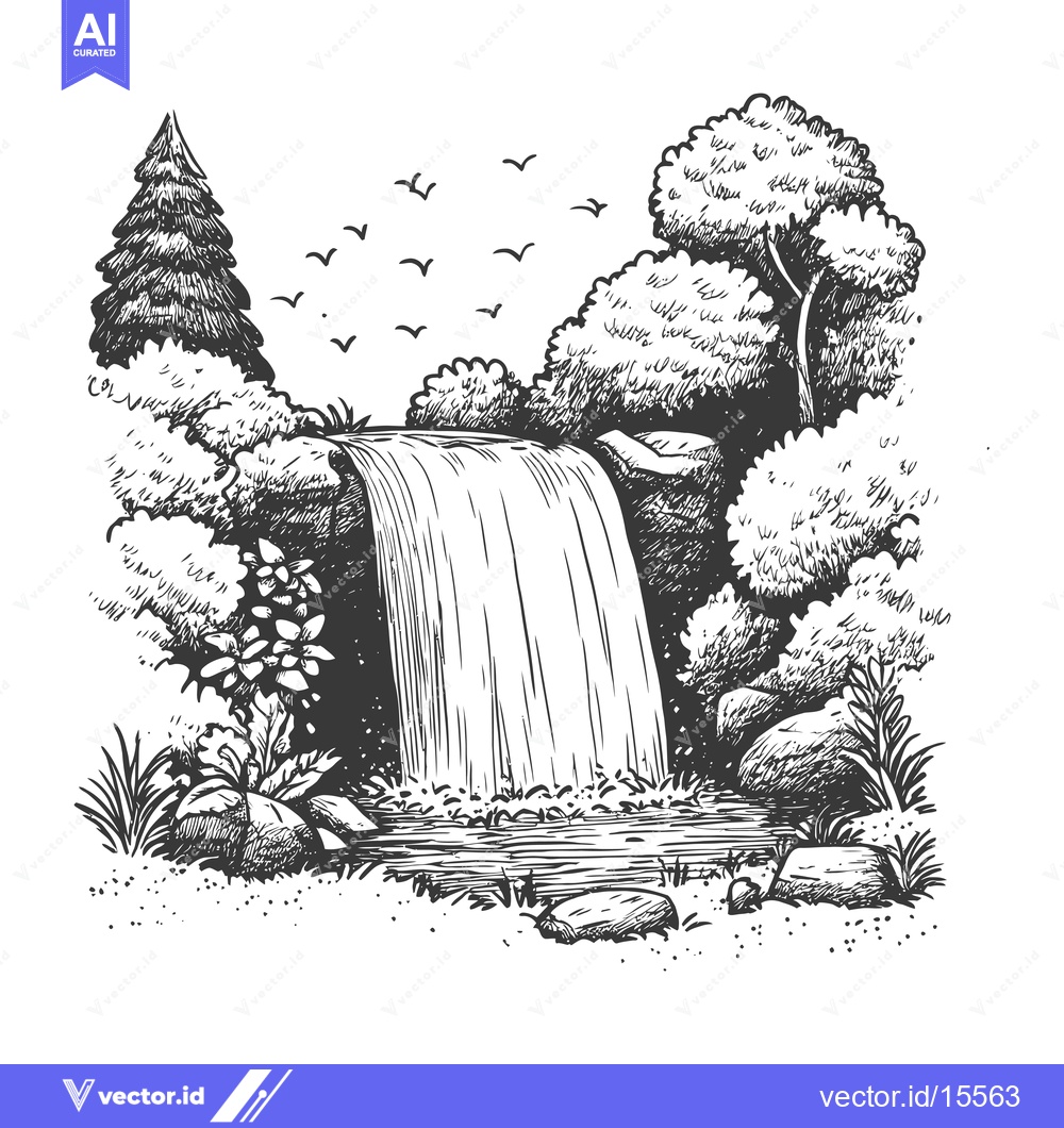 Premium Vector of A Hand-Drawn Sketch of a Waterfall Cascading Through Lush Greenery