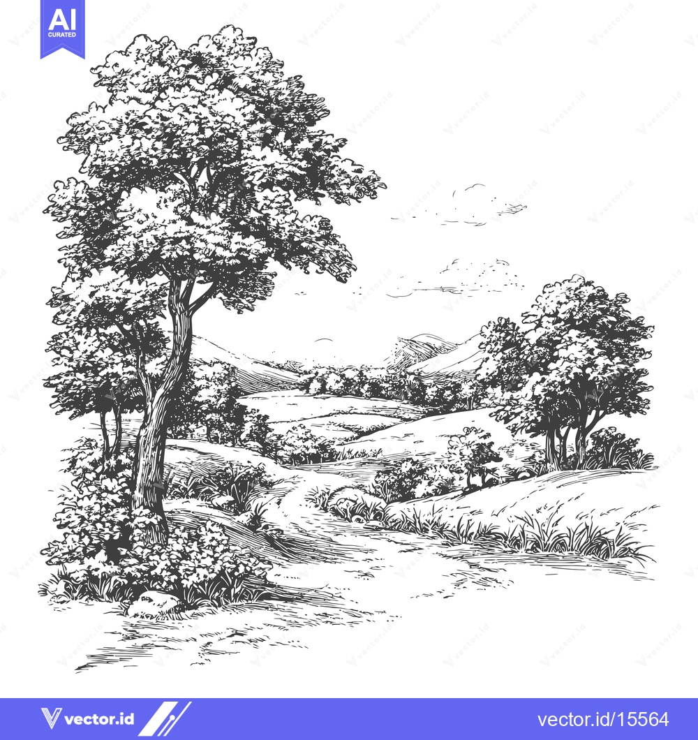 Premium Vector dari A Hand-Drawn Sketch of a Winding Path Through a Lush Forest with Rolli