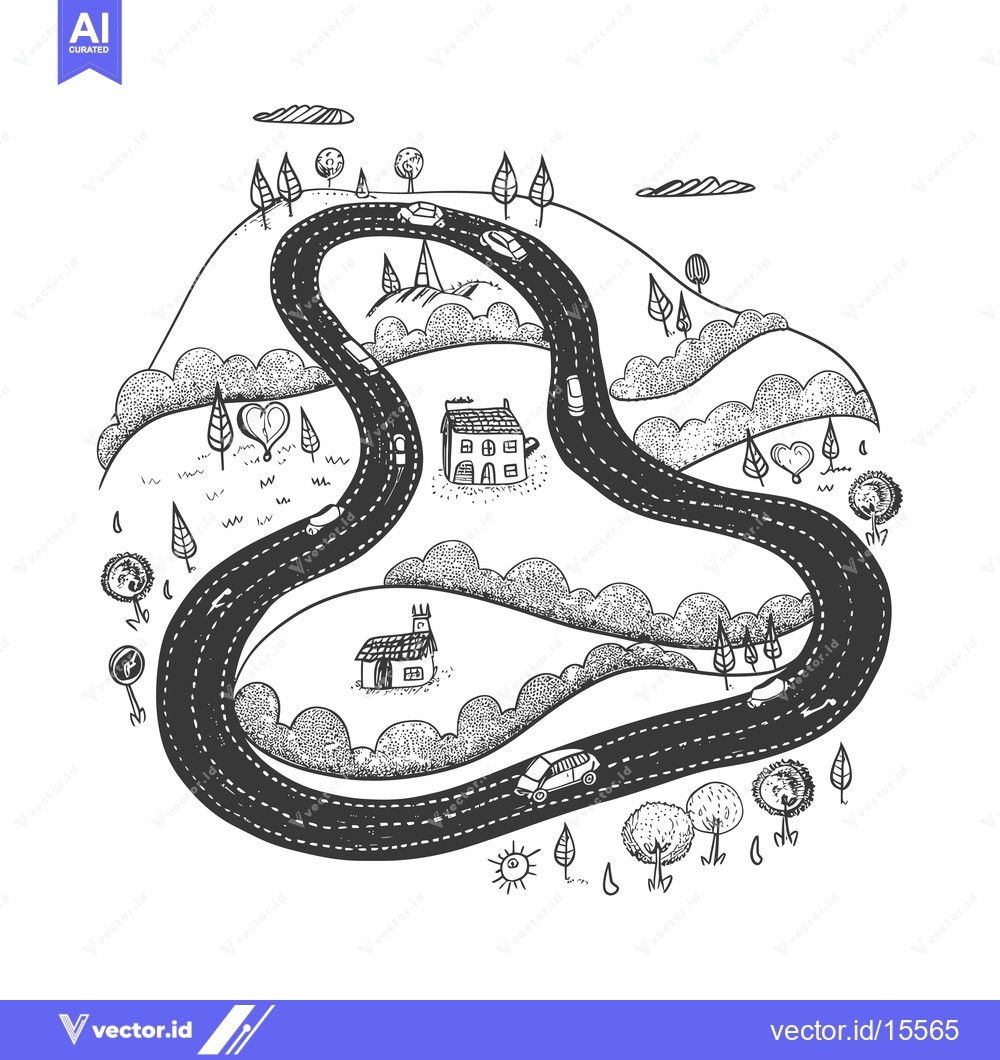 Premium Vector of A Hand-Drawn Sketch of a Winding Road Through a Countryside Landscape