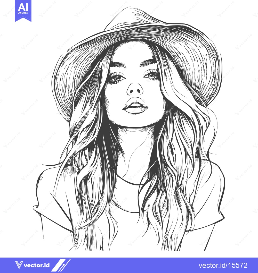 Premium Vector of A hand-drawn sketch of a woman with long hair and a hat