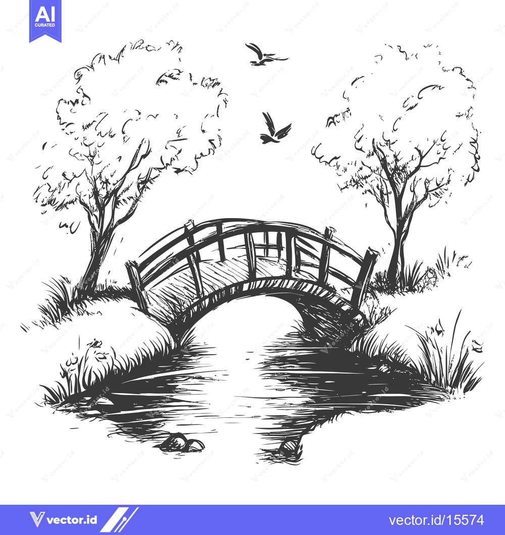 Premium Vector dari A Hand-Drawn Sketch of a Wooden Bridge Over a Stream, Surrounded by Tr