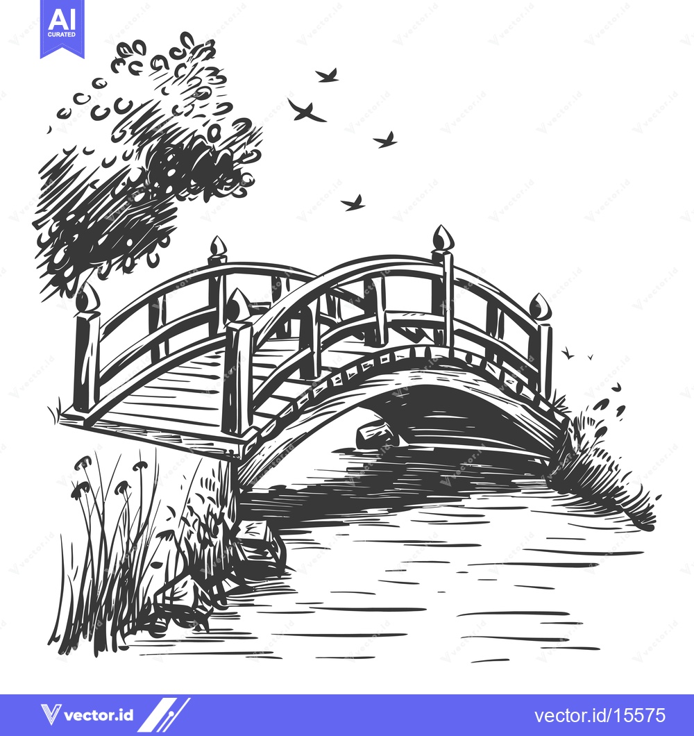 Premium Vector dari A Hand-Drawn Sketch of a Wooden Bridge over a Stream with Birds Flying