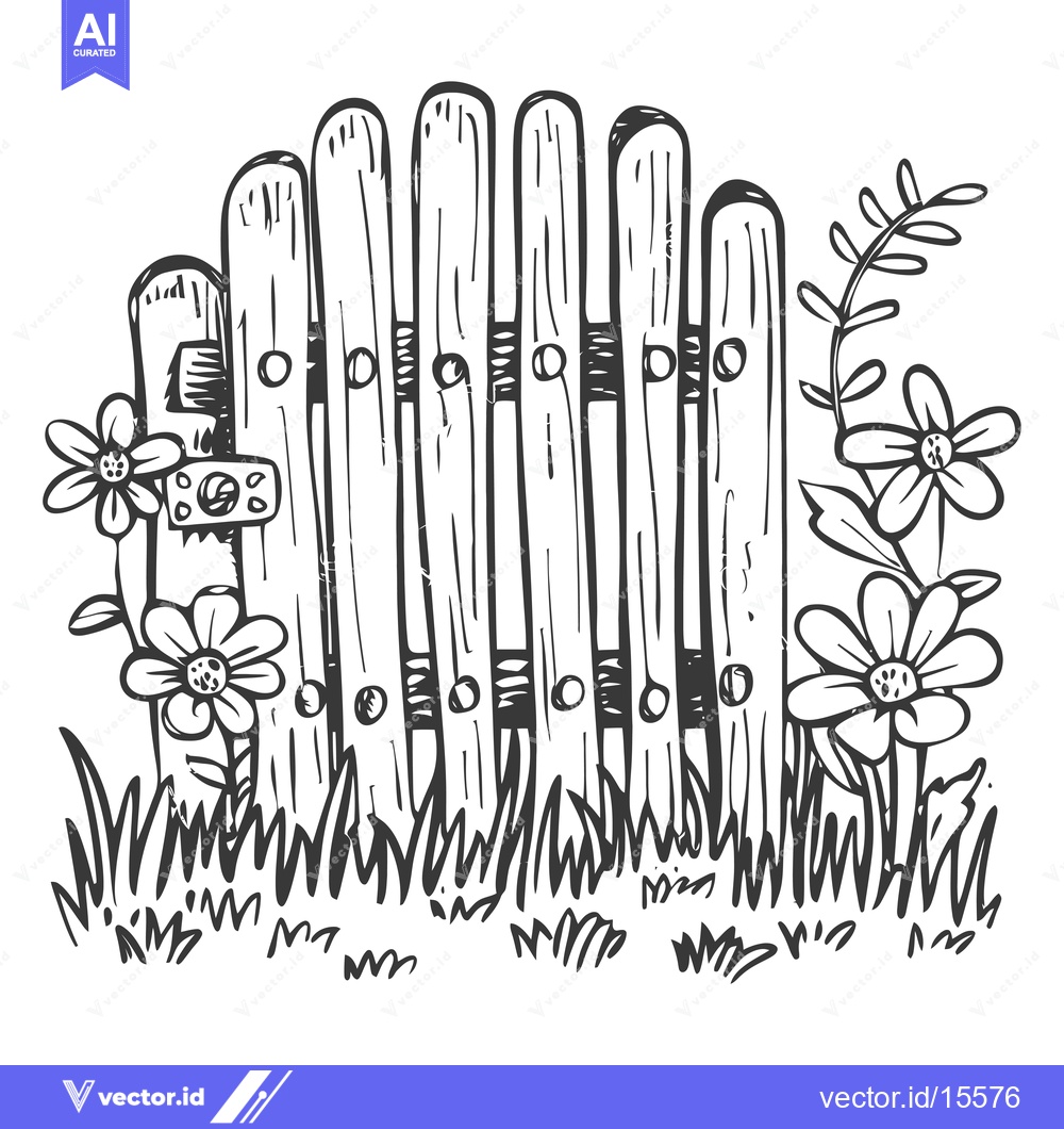 Premium Vector of A Hand-Drawn Sketch of a Wooden Fence with Flowers