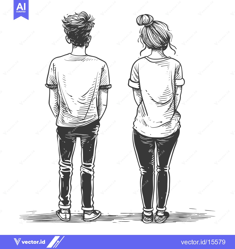 Premium Vector dari A Hand-Drawn Sketch of a Young Couple Standing Back-to-Back