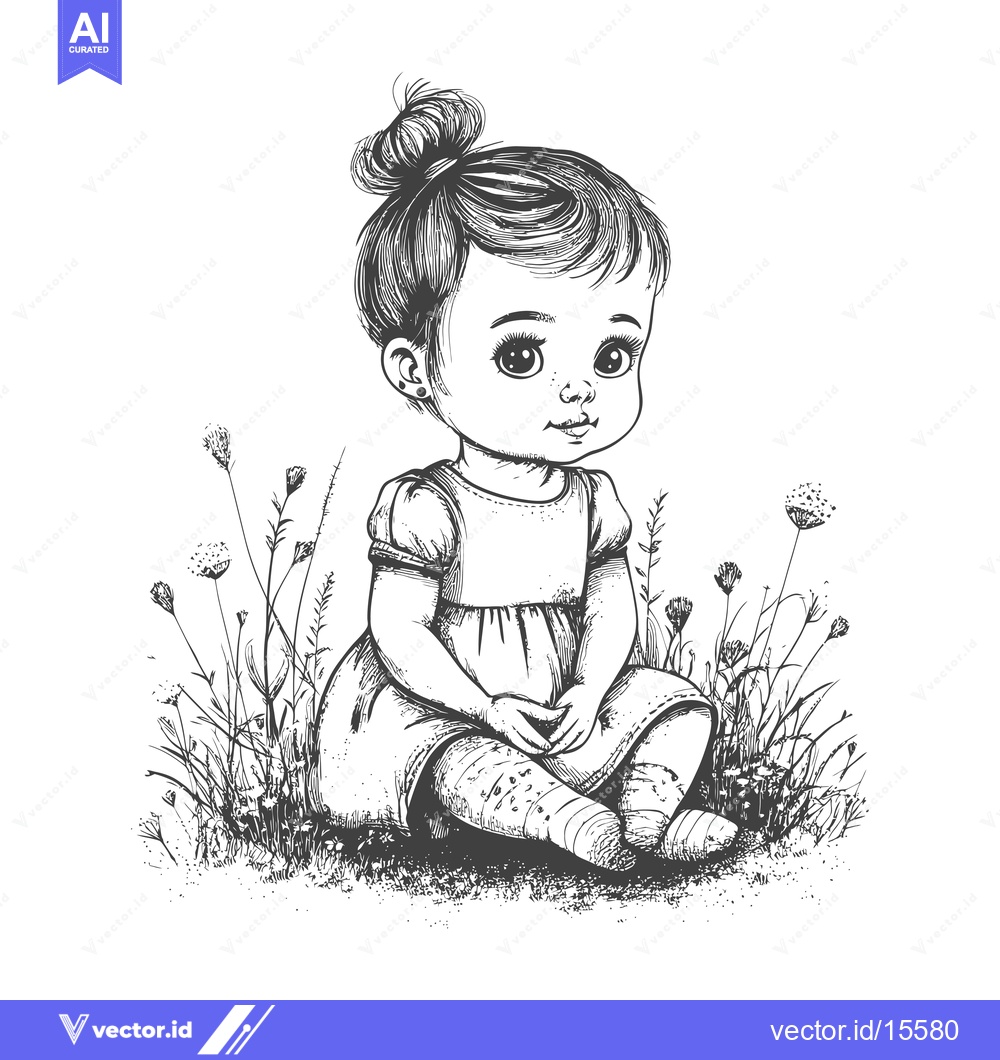 Premium Vector dari A Hand-Drawn Sketch of a Young Girl Sitting in Grass with Flowers