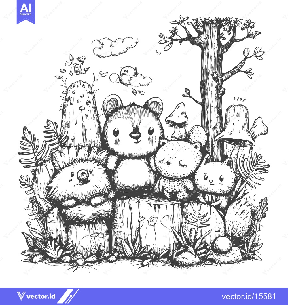 Premium Vector dari A Hand-Drawn Sketch of Cute Animals in a Whimsical Forest Setting