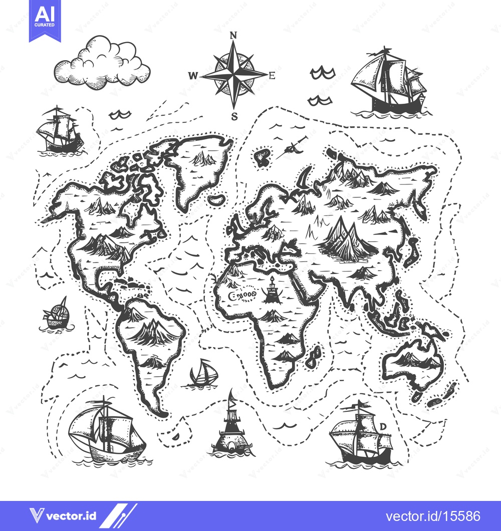 Premium Vector of A hand-drawn world map with ships, a compass, and dashed lines represe