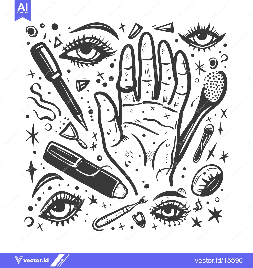 Premium Vector of A Hand Surrounded by Cosmetic Products and Eyes