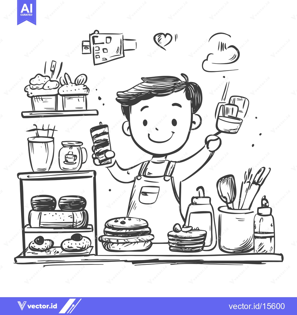 Premium Vector dari A Happy Baker Holding a Cake in Front of His Bakery Display