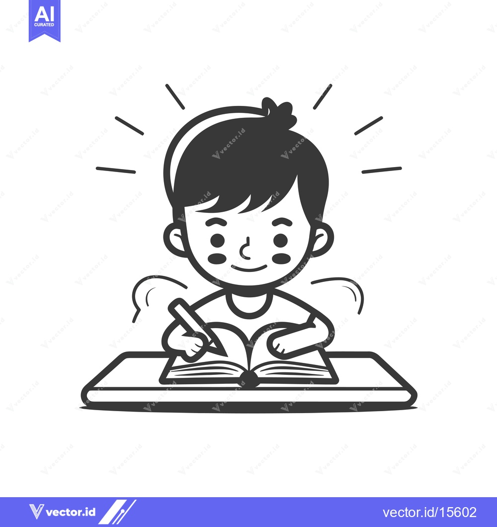 Premium Vector dari A Happy Boy Writing in a Notebook with a Pencil