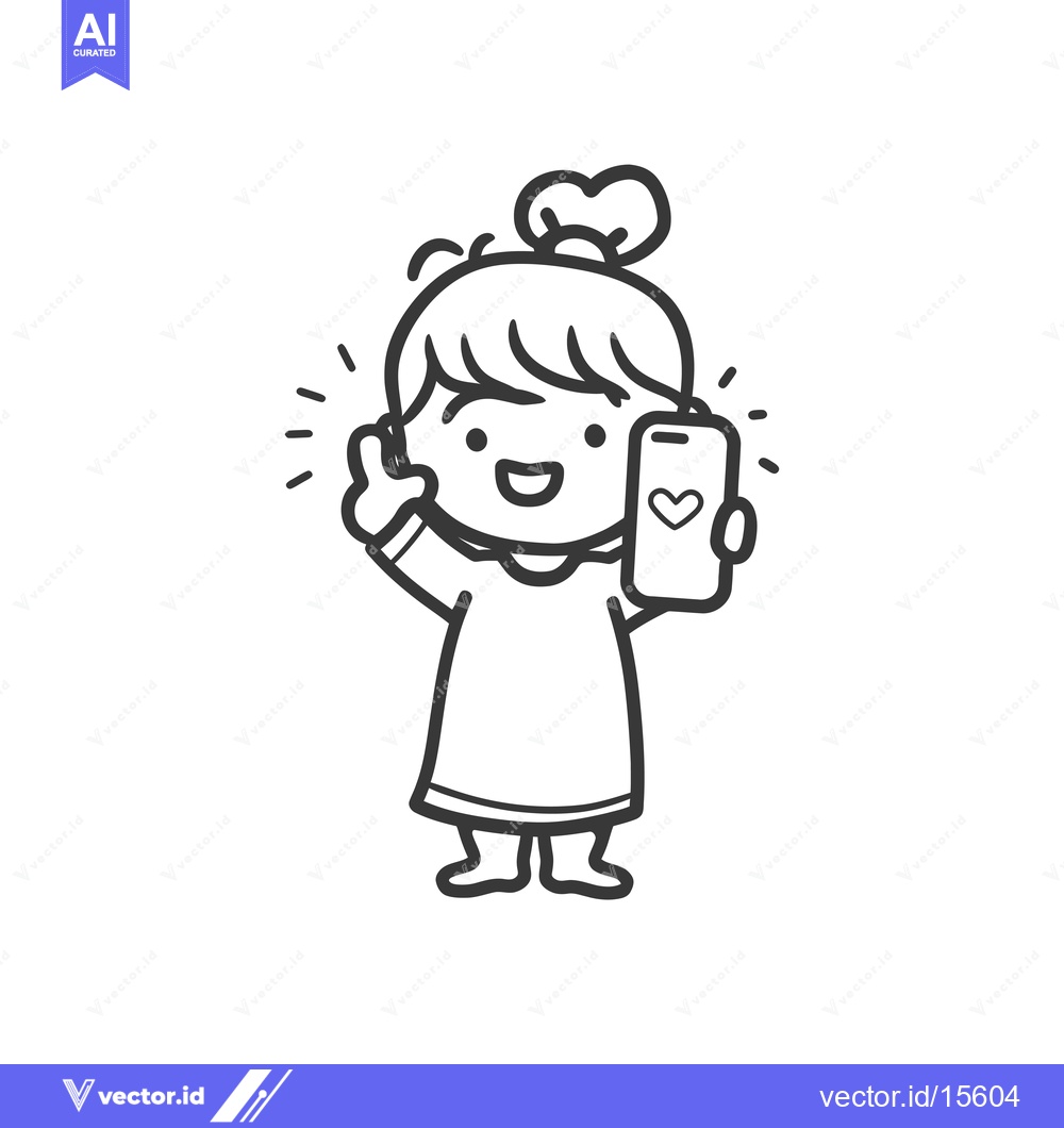 Premium Vector of A Happy Cartoon Girl Holding a Smartphone with a Heart