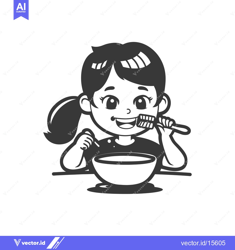 Premium Vector of A Happy Cartoon Girl Holding a Toothbrush