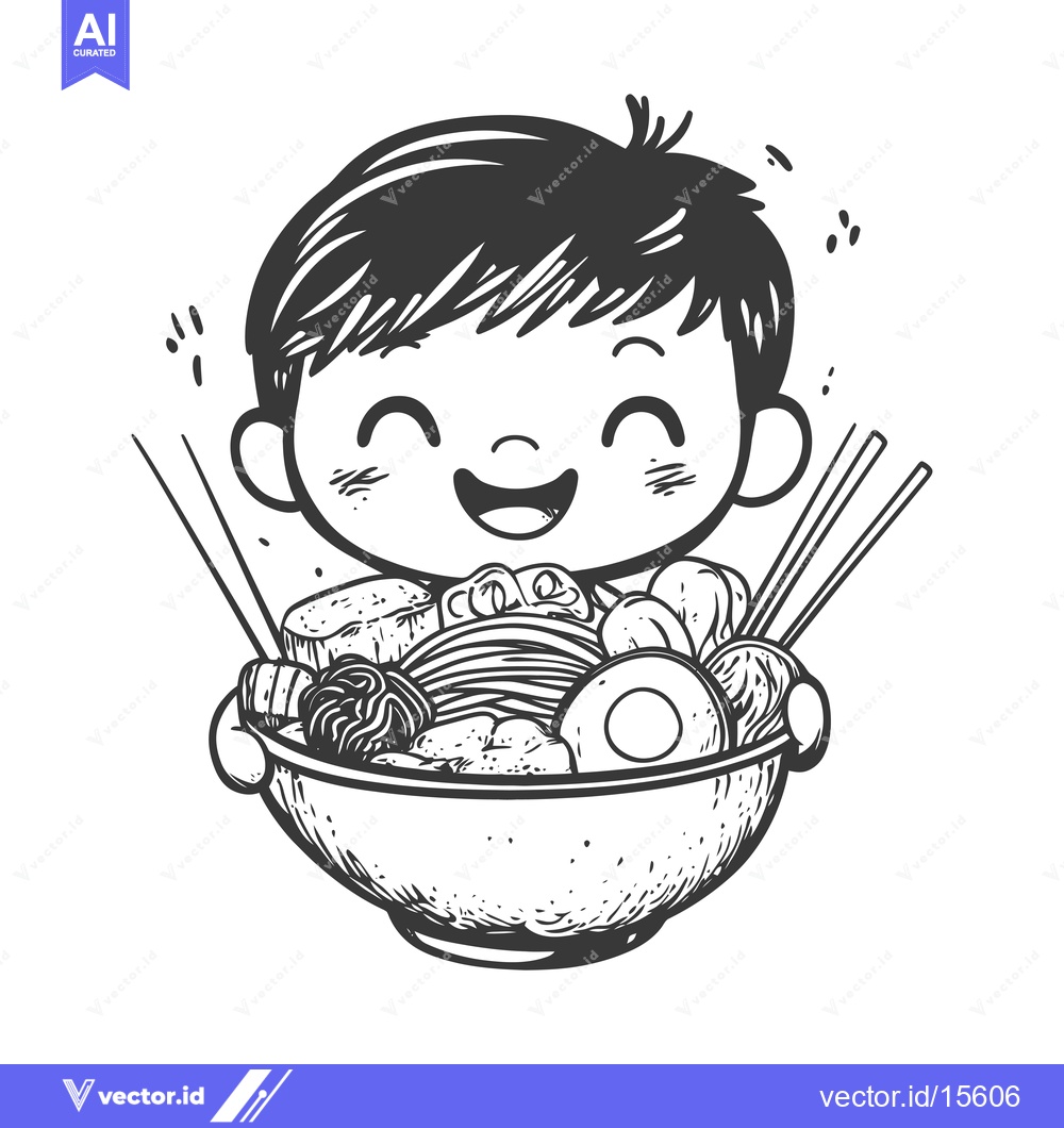 Premium Vector dari A Happy Child Holding a Bowl of Noodle Soup