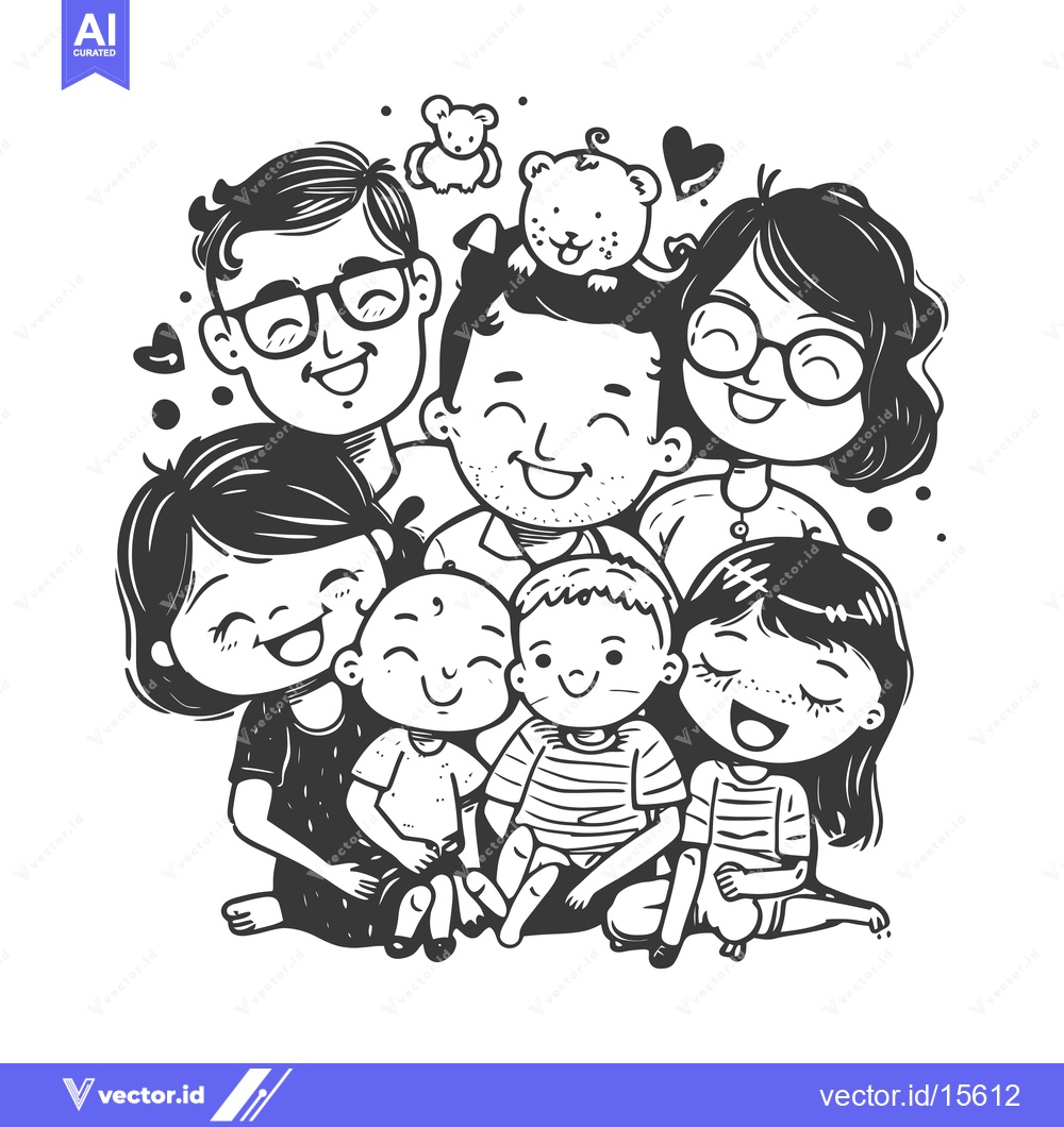 Premium Vector dari A Happy Family of Six with a Stuffed Animal