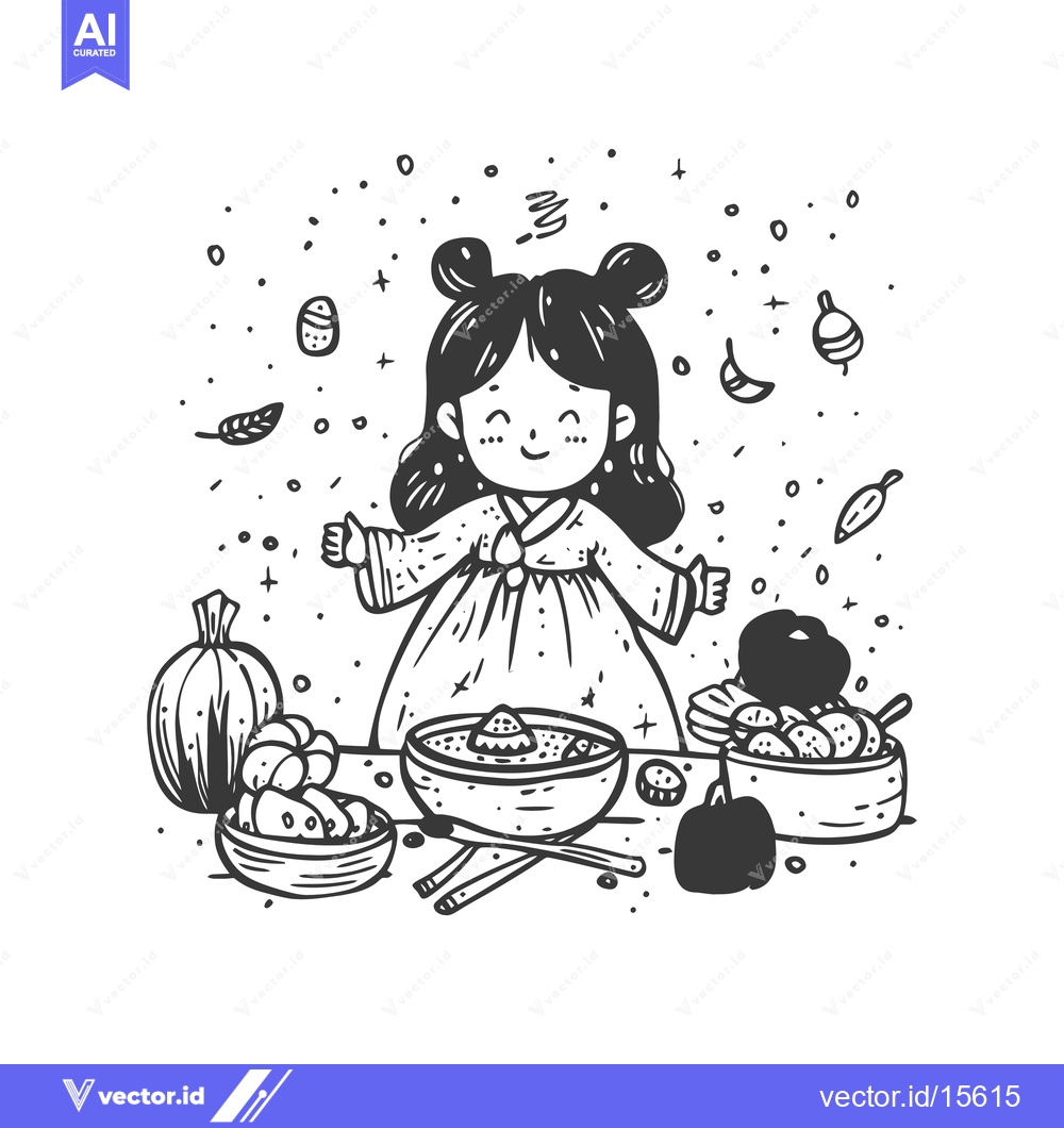 Premium Vector of A Happy Girl in Traditional Korean Clothing Surrounded by Autumnal Foo