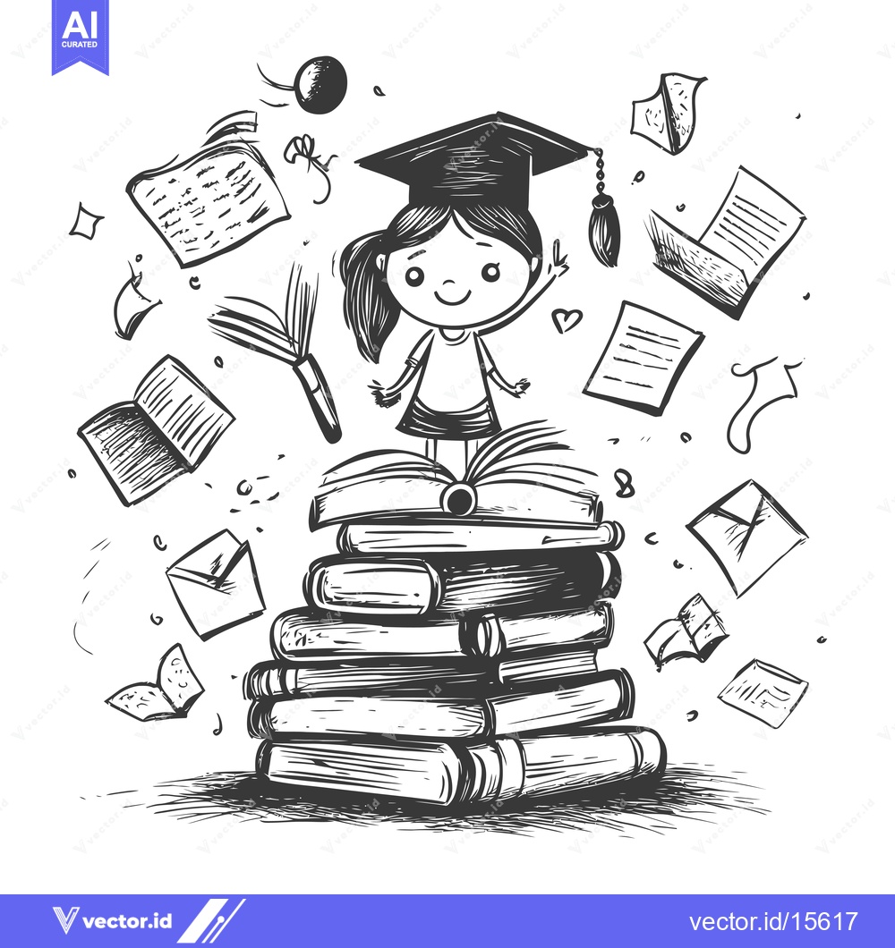 Premium Vector of A Happy Graduate Standing on a Stack of Books with Papers and a Mortar