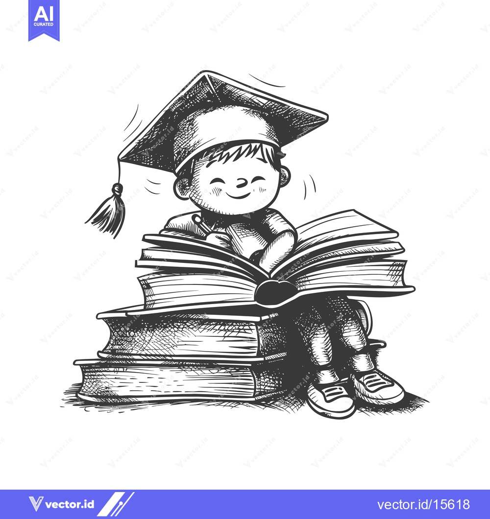 Premium Vector of A Happy Graduate Student Sitting With Books and a Pencil