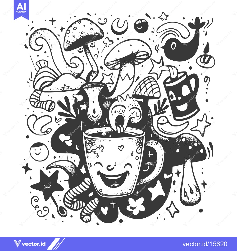 Premium Vector dari A Happy Smiling Mug Surrounded by Mushrooms, Stars, and Other Whimsica