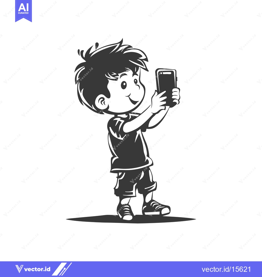 Premium Vector dari A happy young boy taking a selfie with a smartphone