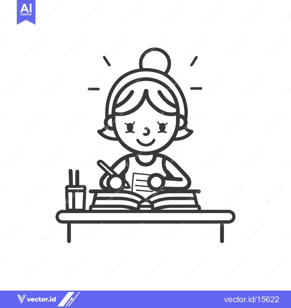 Premium Vector of A happy young girl studying at her desk with a book and pen