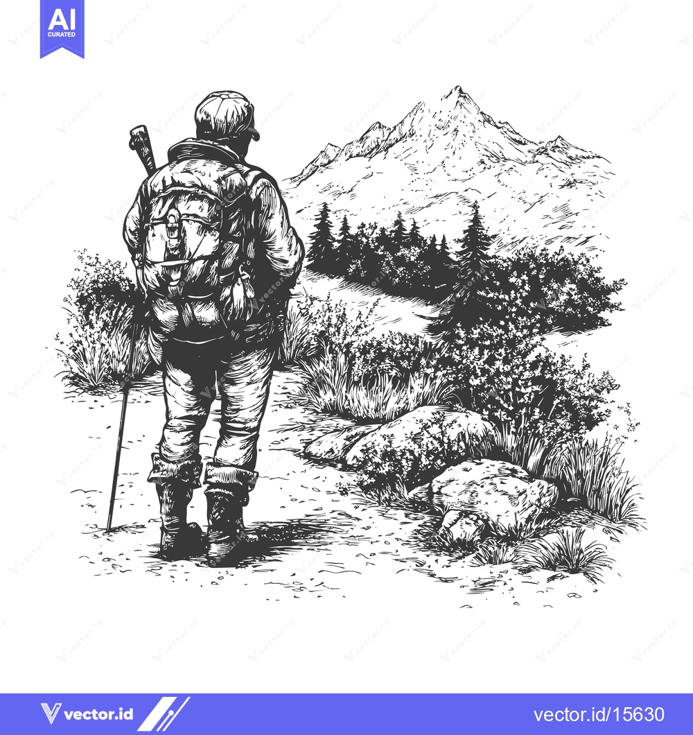 Premium Vector of A Hiker Standing on a Trail, Gazing at a Mountain Peak