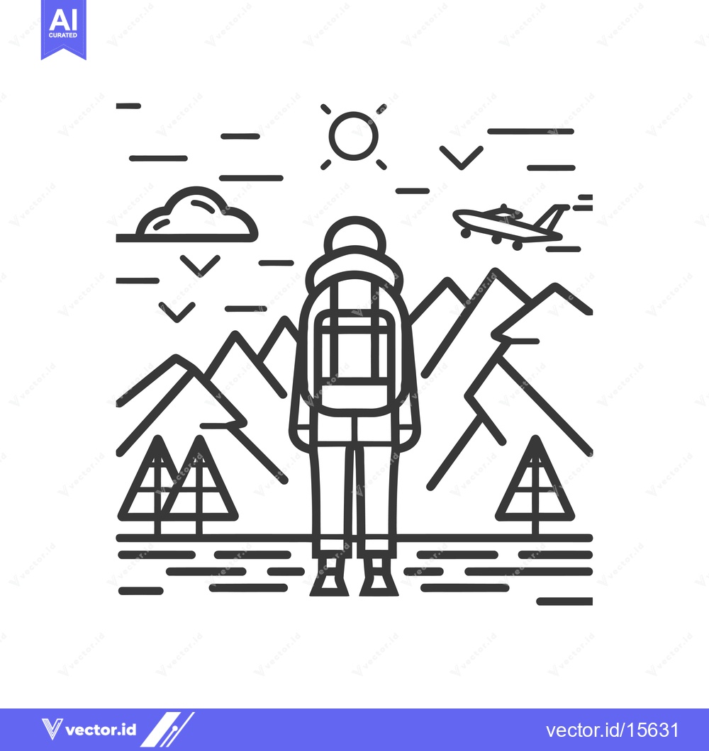 Premium Vector of A hiker with a backpack standing in front of mountains and a plane fly