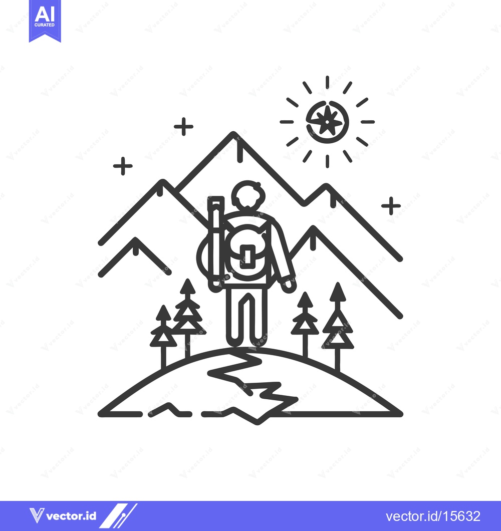 Premium Vector of A hiker with a backpack standing on a mountaintop