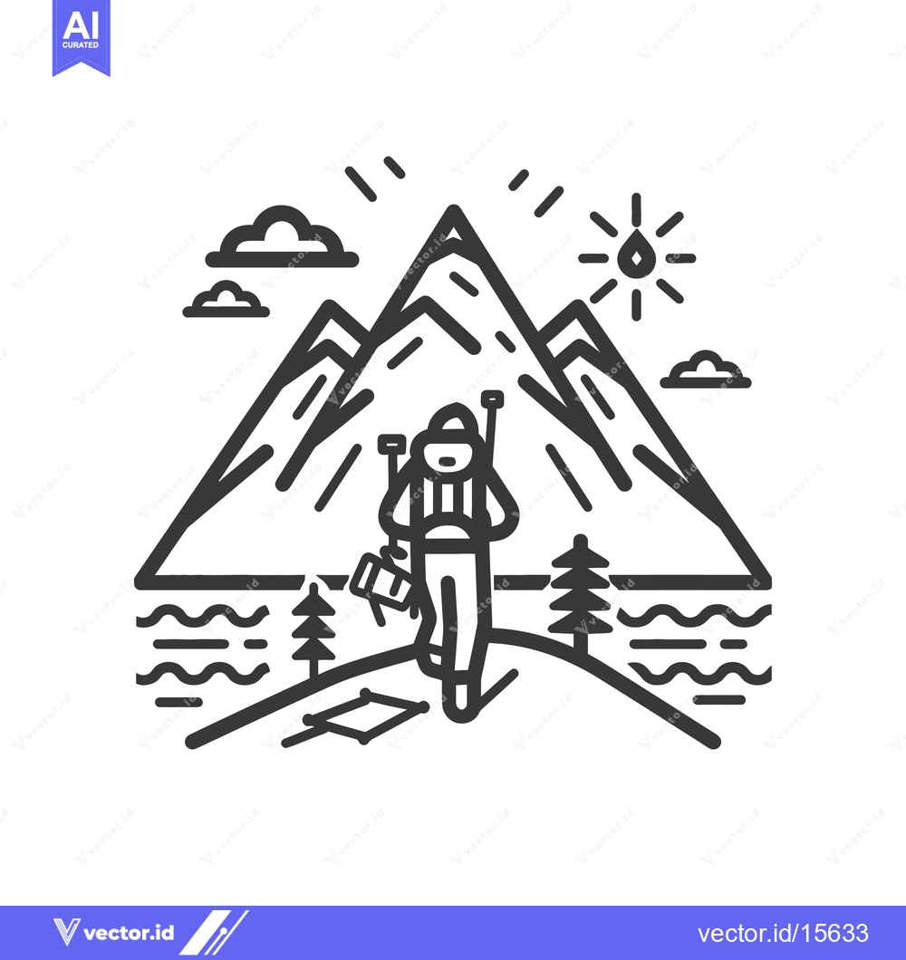 Premium Vector dari A hiker with a backpack walks on a path in front of mountains, clouds,