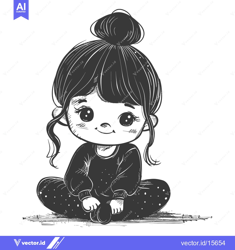 Premium Vector of A cartoon illustration of a young girl with black hair in a bun, weari