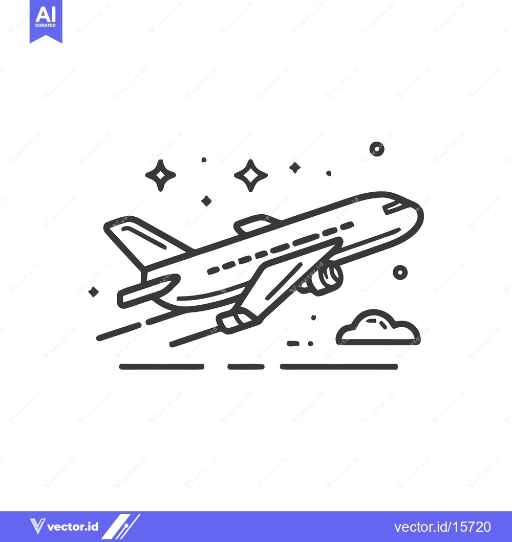 Premium Vector of Airplane Taking Off, Line Art Style, Stars and Cloud