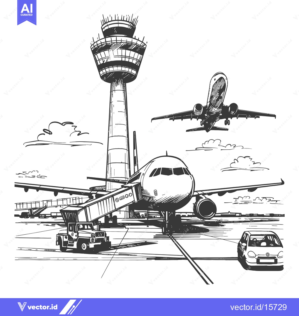 Premium Vector dari Airplane at Airport Gate with Control Tower and Cars