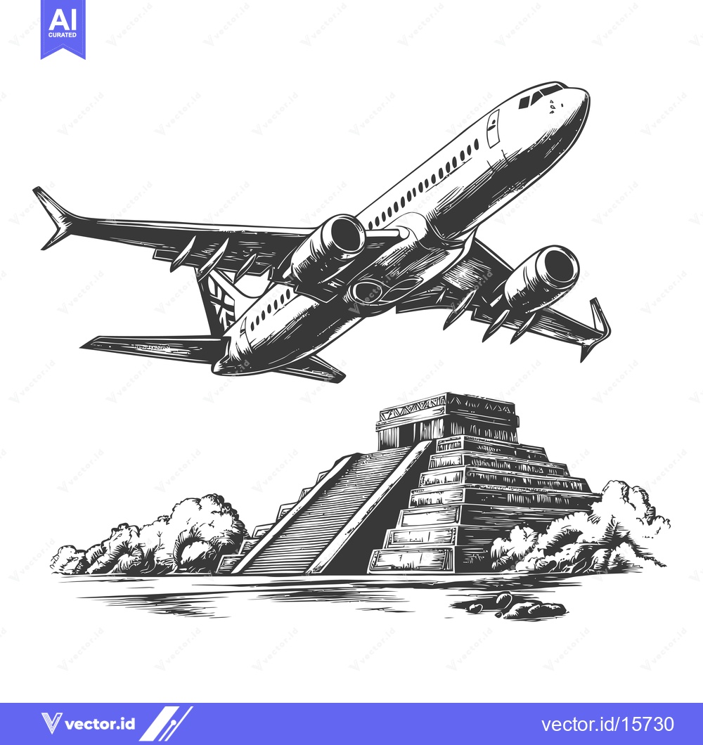 Premium Vector of Airplane Flying Over Ancient Mayan Pyramid