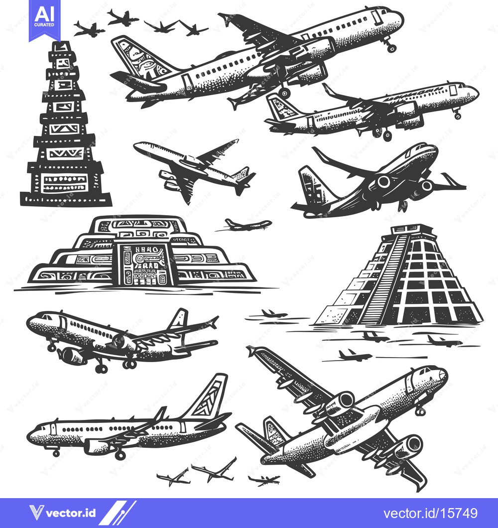 Premium Vector dari Airplanes Flying Over Ancient Mayan Pyramids