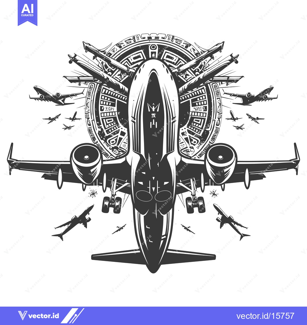 Premium Vector dari Airplane with a geometric pattern surrounding it, taking off in the sk