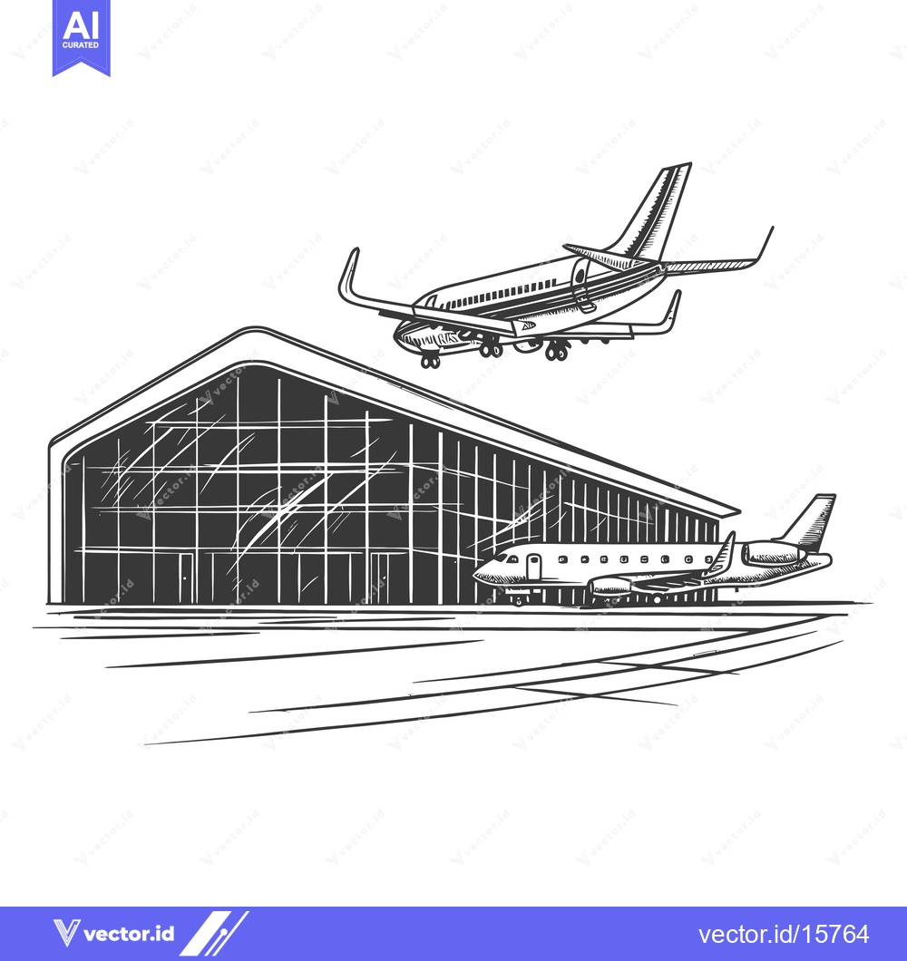 Premium Vector of Airport terminal building with airplanes landing and parked