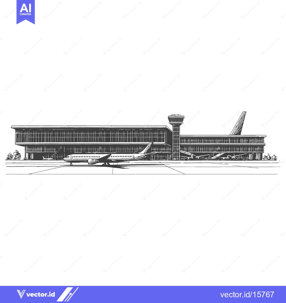 Premium Vector of Airport Terminal Building with Airplane on Tarmac