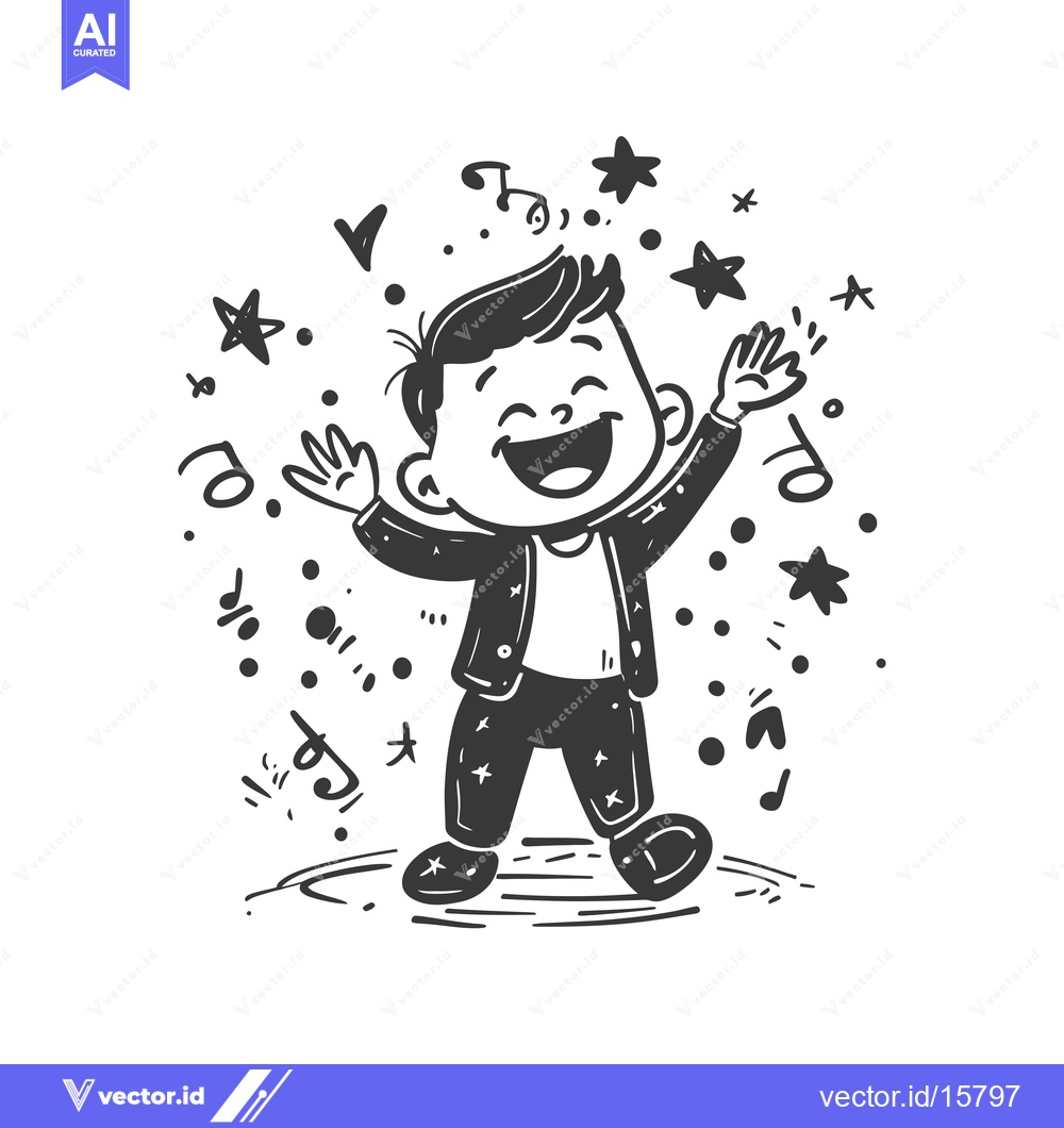 Premium Vector dari A joyful boy dancing with music notes and stars around him