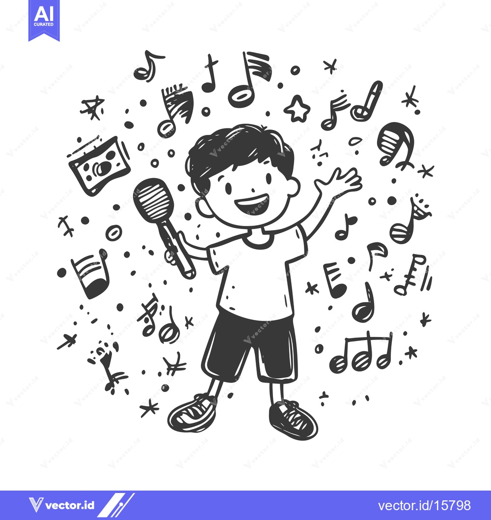 Premium Vector of A joyful boy sings into a microphone with musical notes surrounding hi