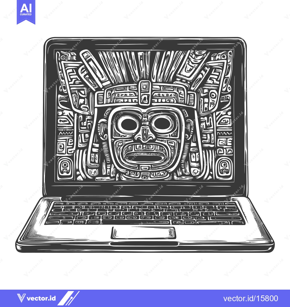 Premium Vector of A laptop displaying an intricate Mayan-style mask design.