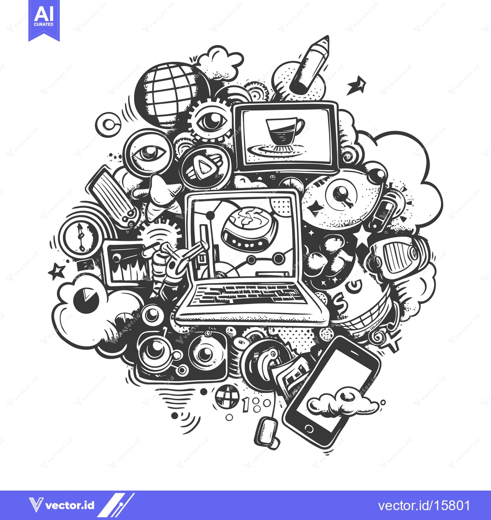 Premium Vector of A Laptop Surrounded by Various Doodle Icons