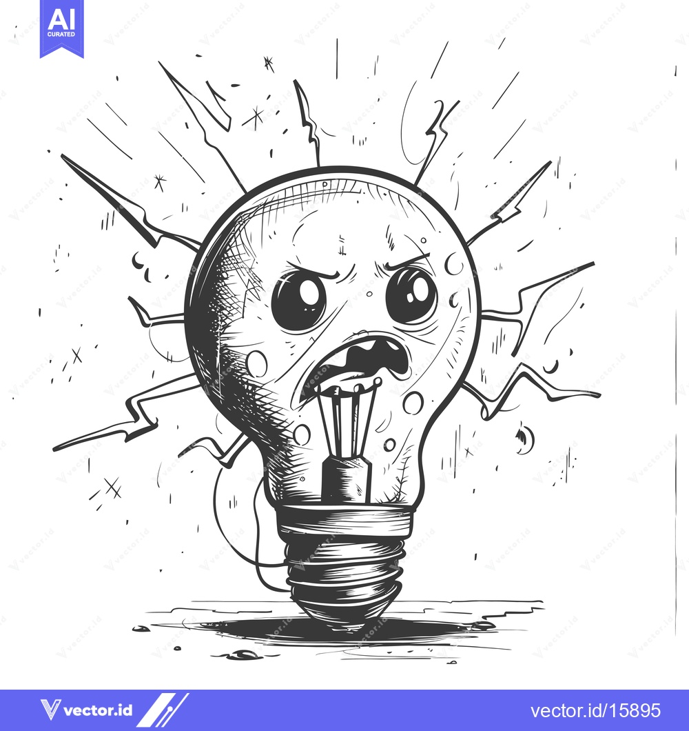 Premium Vector dari A Light Bulb with an Angry Cartoon Face and Lightning Bolts
