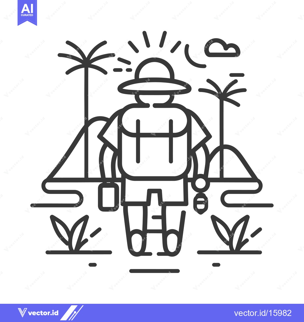 Premium Vector of A Line Art Illustration of a Backpacker in a Tropical Landscape