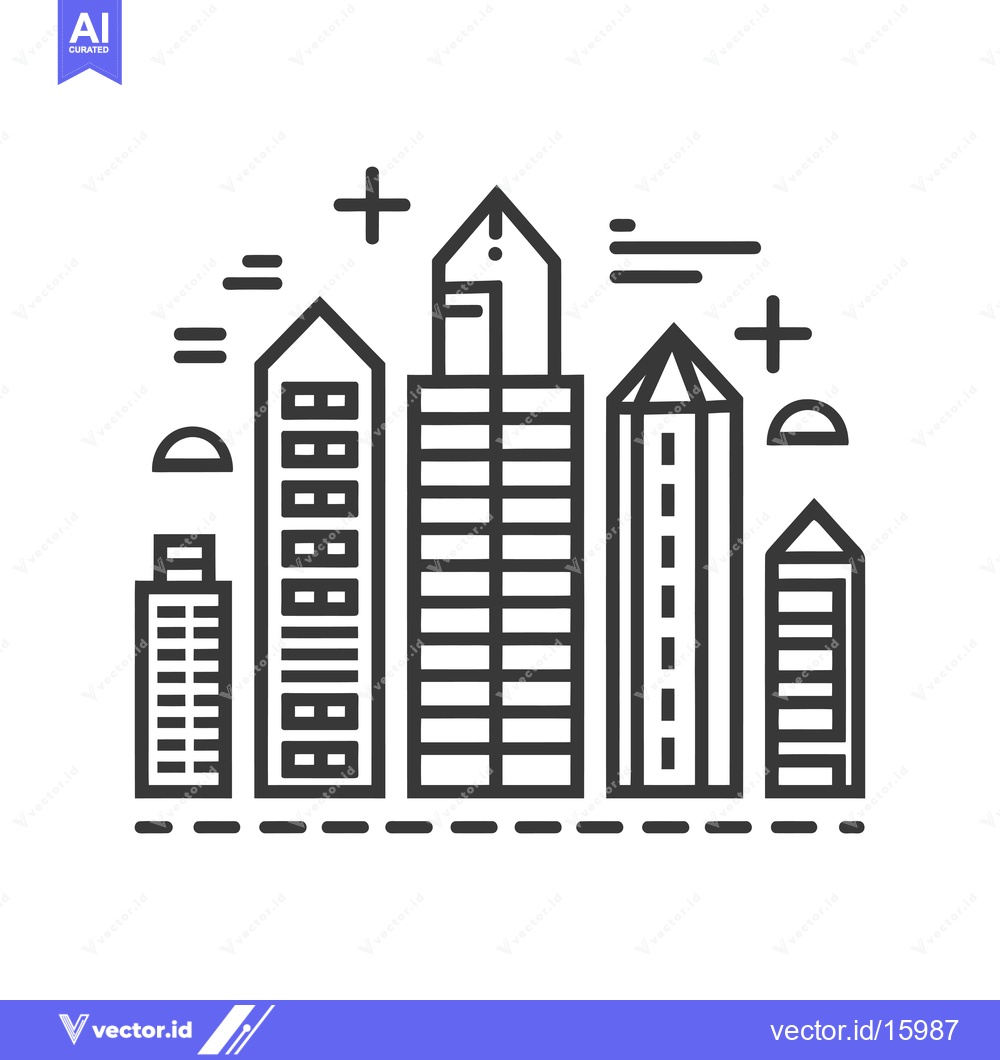 Premium Vector of A Line Art Illustration of a City Skyline with Buildings and Clouds