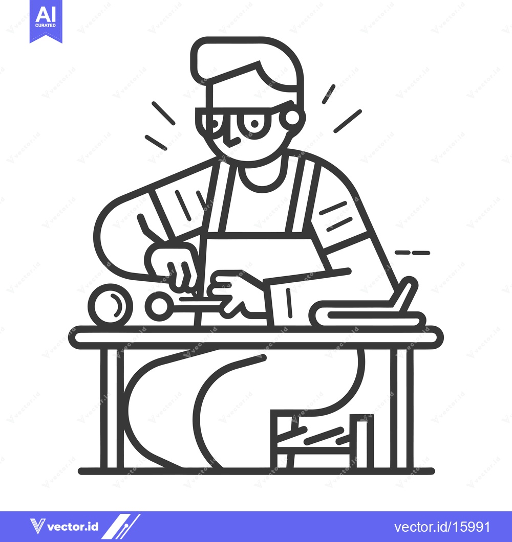 Premium Vector dari A Line Art Illustration of a Craftsman Working at a Table