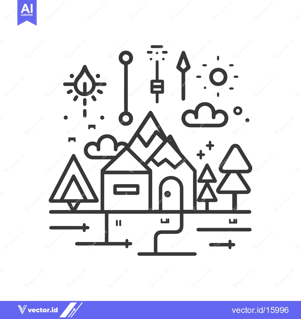 Premium Vector dari A Line Art Illustration of a House and Mountains in a Forest